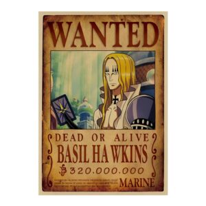 Avis de recherche Basil Hawkins, affiche Wanted style One Piece avec prime 320M Berrys