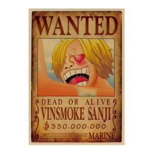 Poster Wanted du chef Sanji avec avis de recherche Marine, style One Piece