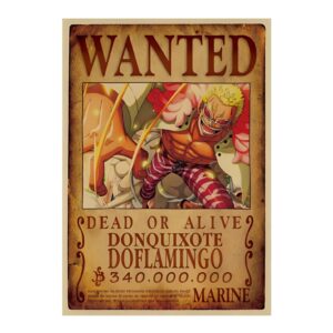 Poster Avis de Recherche Donquixote Doflamingo Shichibukai, papier Kraft couleur parchemin