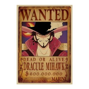 Avis de recherche de Dracule Mihawk, épéiste légendaire Shichibukai, affiche One Piece Kraft