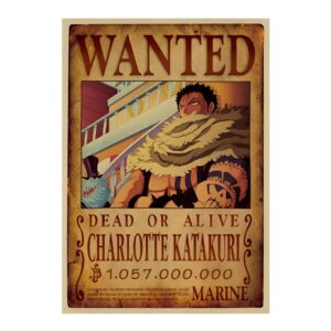 Poster Wanted de Charlotte Katakuri avec prime de 1,057 milliard Berrys, style avis de recherche Marines Whole Cake