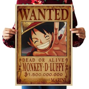 Affiche Wanted de Monkey D Luffy avec prime de 1,5 milliard Berrys, style avis de recherche Marines