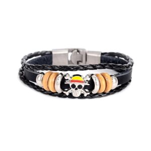 Bracelet cuir végan noir avec tête de mort pirate One Piece