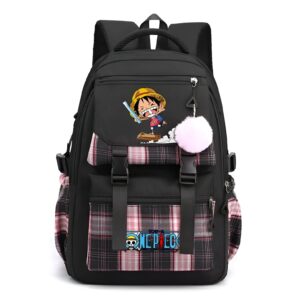 Cartable noir Luffy à carreaux et pompon décoratif One Piece Mugiwara