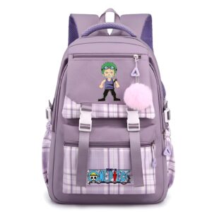 Cartable scolaire violet Roronoa Zoro avec porte-cles Jolly Roger inspire One Piece