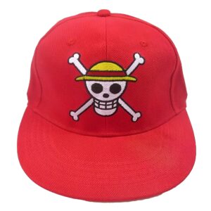 Casquette Jolly Roger rouge en coton biologique avec broderie détaillée et visière pré-courbée
