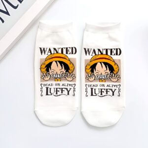 Chaussettes Luffy Wanted avec design avis de recherche rouge et noir inspiré du manga One Piece