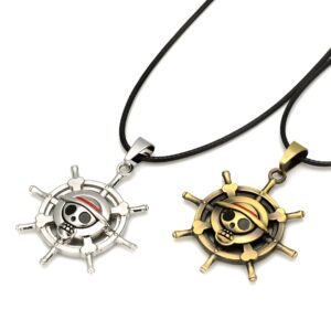 Collier pendentif gouvernail Mugiwara One Piece, chaîne 40cm, finitions or et argent