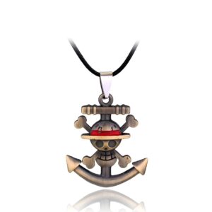 Collier pendentif ancre Jolly Roger Mugiwara en métal et cuir végan