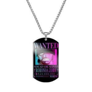 Collier pendentif Wanted Roronoa Zoro en acier inoxydable avec avis de recherche