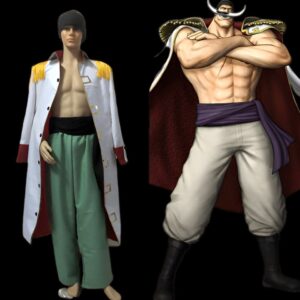 Costume cosplay de Barbe Blanche en polyester avec veste distinctive, pantalon ample et ceinture assortie