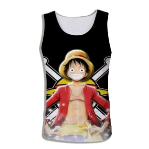Débardeur Luffy Roi des Pirates One Piece, motif manga couleur, style aventure dynamique