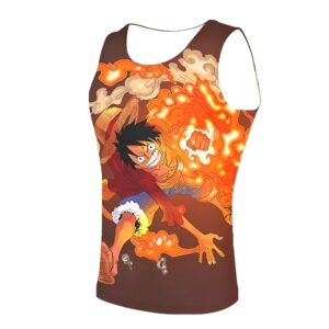 Débardeur Red Hawk Luffy polyester, impression vibrante de l'attaque enflammée, confort respirant pour fan One Piece