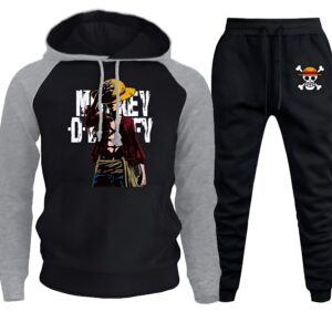 Ensemble survêtement Luffy Mugiwara en polyester noir et rouge pour fans One Piece