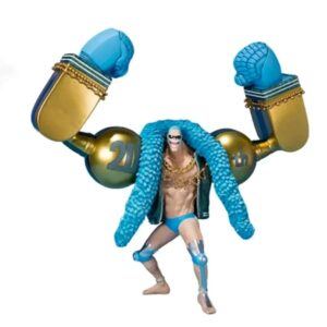 Figurine Franky charpentier cyborg, cheveux bleus, prothèses mécaniques, collection 20e anniversaire One Piece