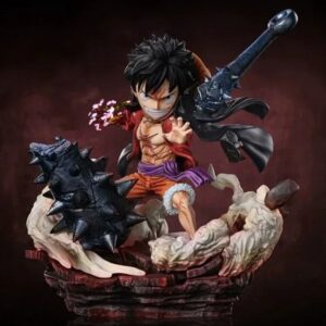 Figurine Monkey D. Luffy en posture de combat explosive et dynamique, expression déterminée intense
