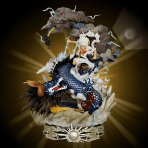 Statue Luffy Gear 5 affrontant Kaido, éclairs dynamiques, scène de combat