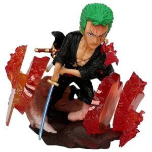 Figurine Roronoa Zoro avec trois katanas, posture combative dynamique et intense