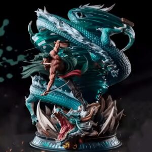 Figurine Roronoa Zoro en pose dynamique aux côtés d'un dragon majestueux, détails élaborés et finitions soignées