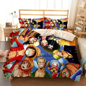 Housse de couette aux motifs de l'équipage Mugiwara One Piece, présentant les personnages du manga