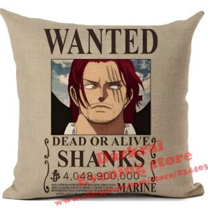 Housse de coussin 45x45 cm motif avis de recherche Shanks le Roux, chef des Red Hair Pirates, décoration One Piece polyester