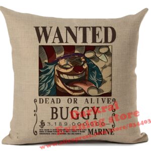 Housse de coussin avec impression de l'avis de recherche de Buggy le Clown, capitaine des Pirates du Cirque
