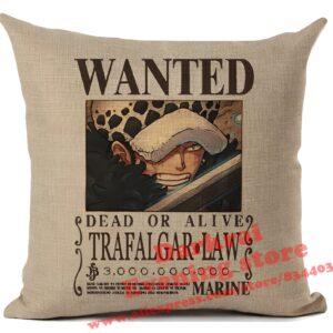 Trafalgar Law avis de recherche motif One Piece, housse de coussin décoration polyester