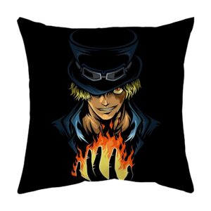 Housse de coussin Sabo avec ses flammes caractéristiques, motif One Piece sur fond blanc