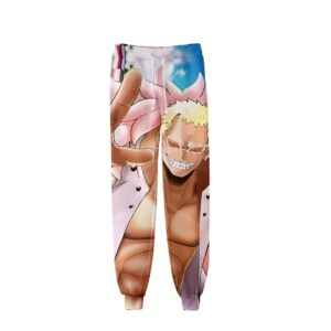 Pantalon jogging One Piece au design de Donquixote Doflamingo, l'antagoniste charismatique du manga