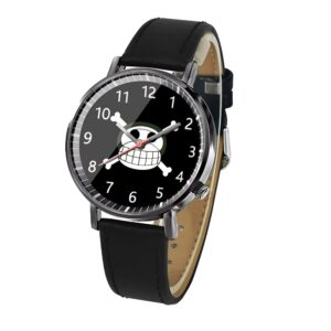 Montre One Piece Jolly Roger Mugiwara, bracelet cuir vegan noir