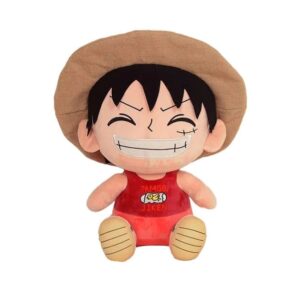 Peluche Luffy avec chapeau de paille iconic, costume rouge noir, sourire joyeux kawaii