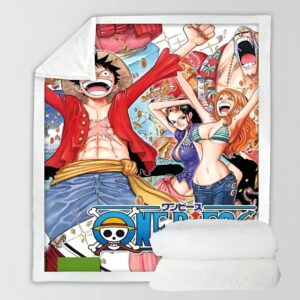Plaid One Piece représentant l'équipage Mugiwara avec Luffy, Nami, Franky et Nico Robin en couleurs vives