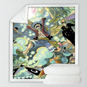 Plaid polaire One Piece avec Luffy, Sanji et Chopper en motif dynamique