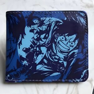 Portefeuille fan One Piece bleu avec illustration manga de Monkey D. Luffy