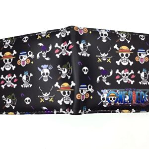 Portefeuille noir en cuir végan 11x9 cm orné de plusieurs Jolly Rogers de One Piece