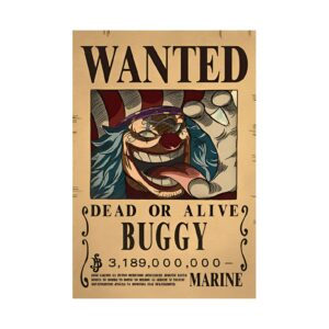 Affiche avis de recherche du pirate Buggy le Clown avec prime et caractéristiques visuelles distinctives
