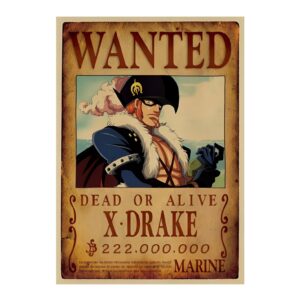Poster Avis de Recherche X-Drake Wanted, ancien Marine et membre de la Worst Generation, papier Kraft