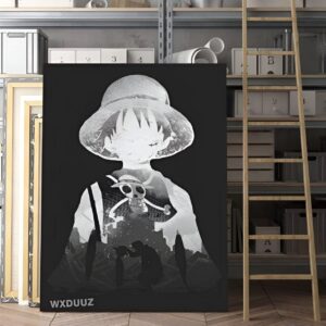 Affiche Luffy noir et blanc style manga avec contraste prononcé, représentation du protagoniste principal et Roi des Pirates de One Piece