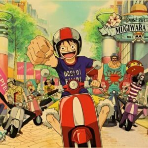 Poster de l'équipage Mugiwara en scooter, illustration dynamique One Piece