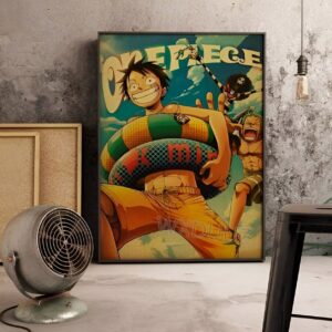Poster One Piece représentant Luffy et son équipage en vacances à la plage avec couleurs vibrantes