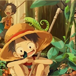 Affiche One Piece représentant Luffy, Sabo et Ace dans leur enfance à l'East Blue, illustration manga jeunesse fraternité