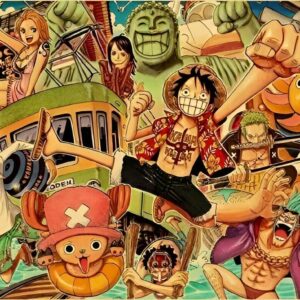 Poster One Piece montrant les neuf personnages de l'Équipage du Chapeau de Paille en mode vacances relaxe