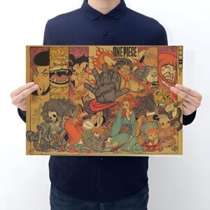 Poster One Piece Wano Kuni avec design manga rétro, illustration style japonais traditionnel Mugiwara Luffy Nami Chopper Brook