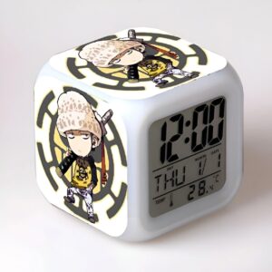 Réveil digital Trafalgar Law avec affichage LED multicolore et design cube compact