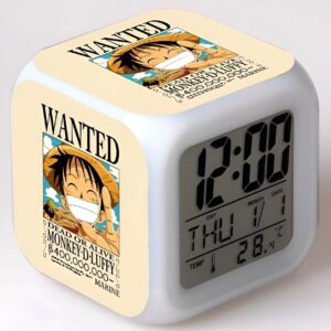 Réveil digital One Piece avec design avis de recherche Wanted de Monkey D Luffy affichage LED multicolore