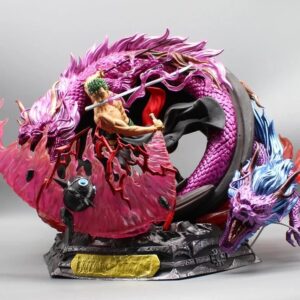 Figurine Roronoa Zoro aux côtés d'un dragon violet et bleu électrique