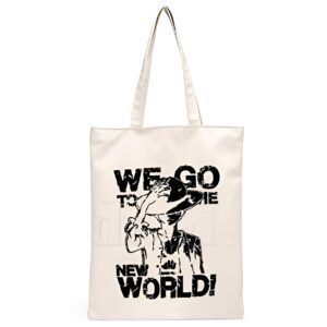 Sac cabas toile canvas avec inscription We Go To The World, accessoire pratique One Piece pour aventuriers