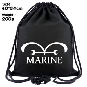 Sac à cordon One Piece toile noire motif Marines, dimensions 40 x 34 cm, capacité 20 litres