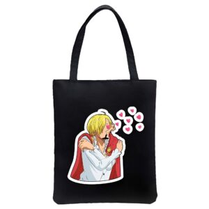 Tote bag Sanji Vinsmoke motif coeurs sur coton noir 40x35 cm