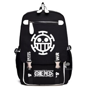 Sac à dos One Piece noir avec emblème Jolly Roger de Trafalgar Law et bretelles matelassées